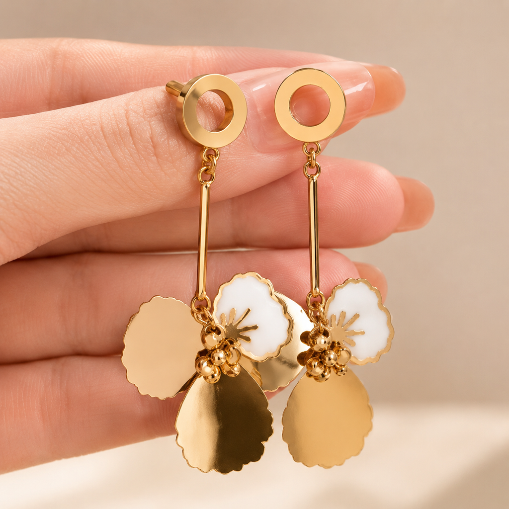 Pearlyne Tri-Petal Flower Dangle Earrings
