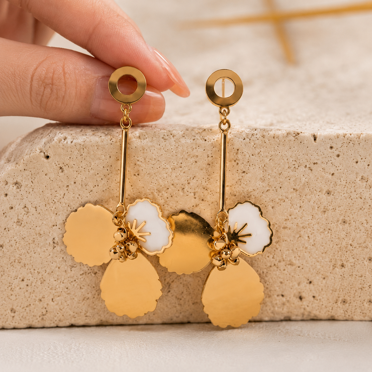 Pearlyne Tri-Petal Flower Dangle Earrings