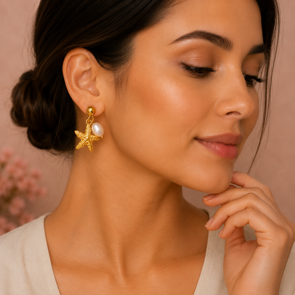 Golden Starfish Pearl Earrings