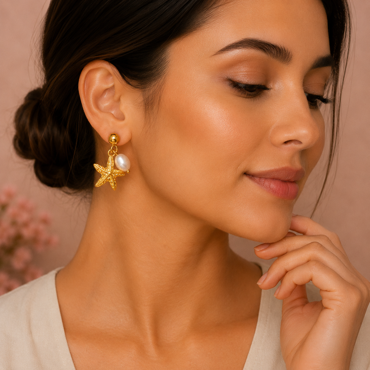 Golden Starfish Pearl Earrings