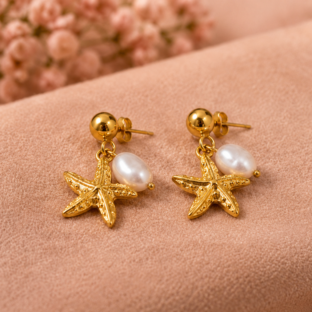 Golden Starfish Pearl Earrings