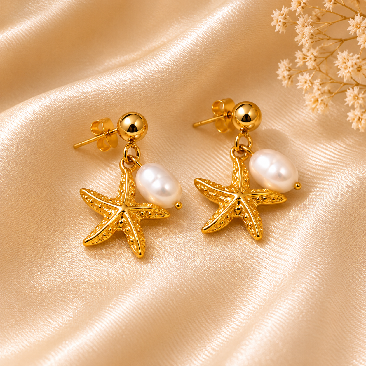 Golden Starfish Pearl Earrings