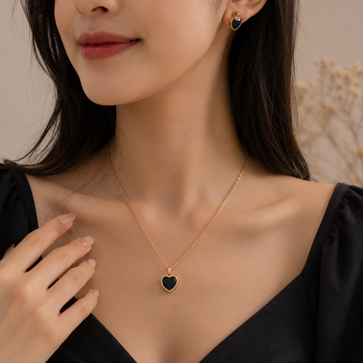 Midnight Heart Necklace & Earrings Set