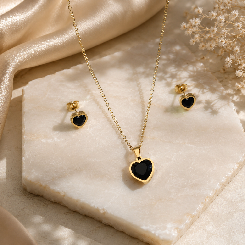 Midnight Heart Necklace & Earrings Set