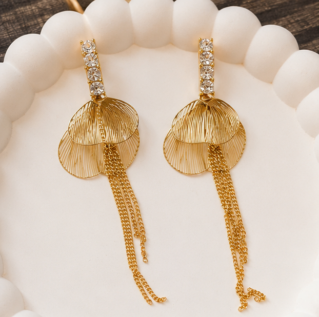 Golden Cascade Crystal Tassel Earrings