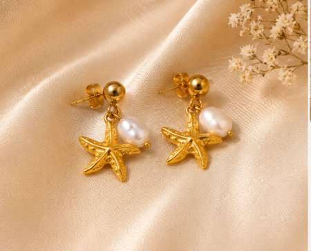 Golden Starfish Pearl Earrings 🌊✨