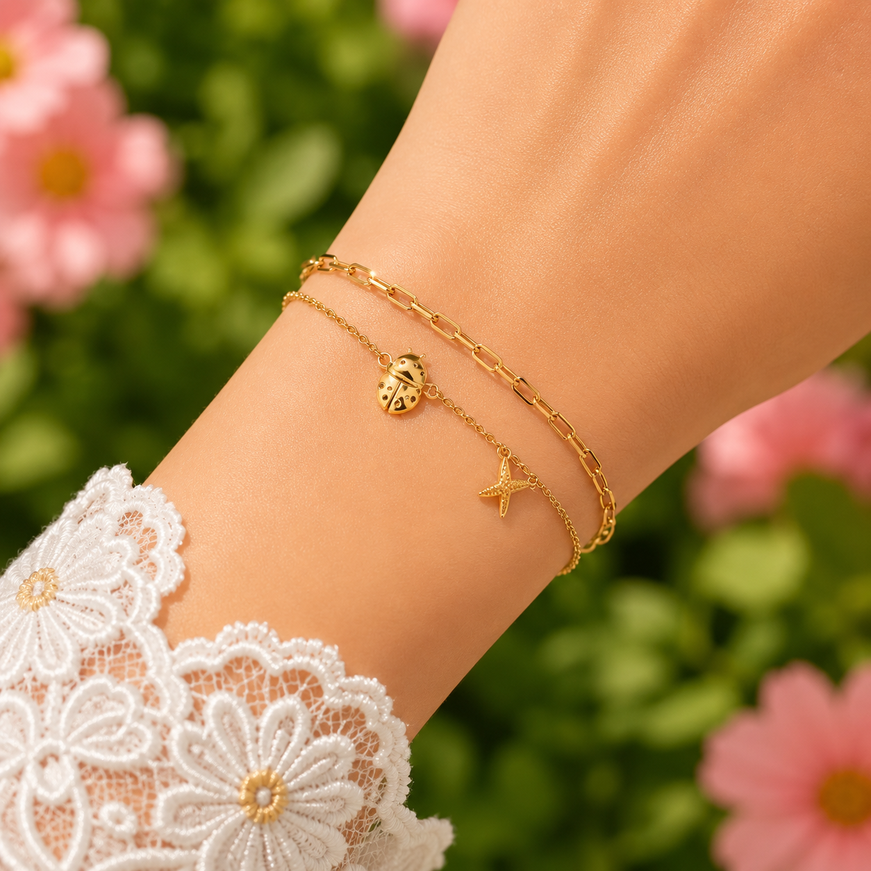 Golden Garden Ladybug Bracelet